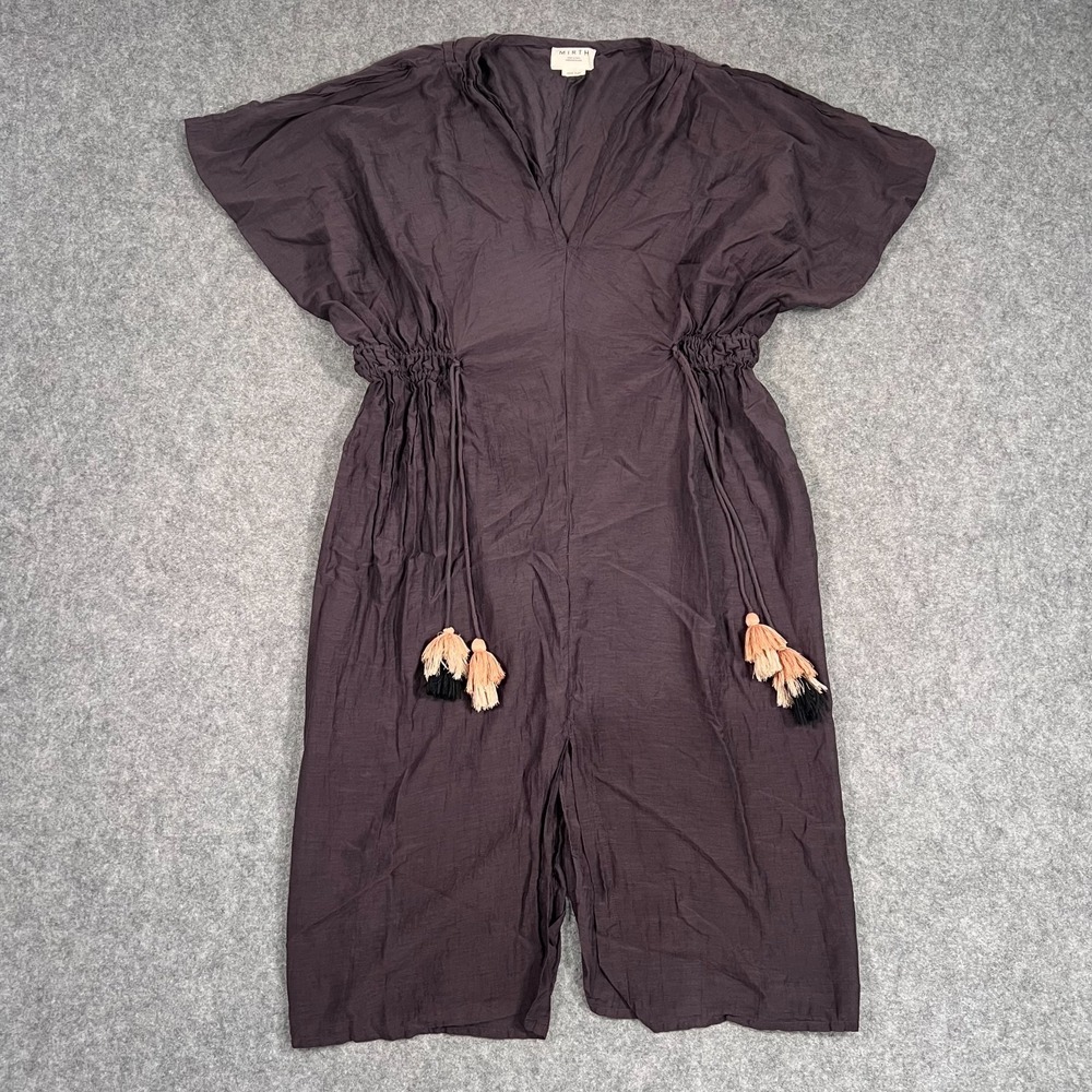 Mirth Brown Short Sleeve Smocked Tassel Tie‎ Romper Jumpsuit Women's One Size